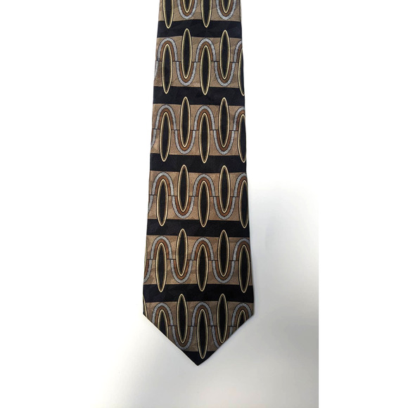 Vintage 80's 90s Louis Feraud Brown Black Abstract Geometric Print Silk Neck Tie - Picture 5 of 7